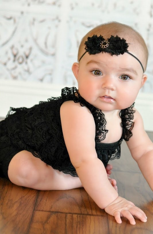 Black Mini Shabby Chic Flower Bow Headband with Black Gem