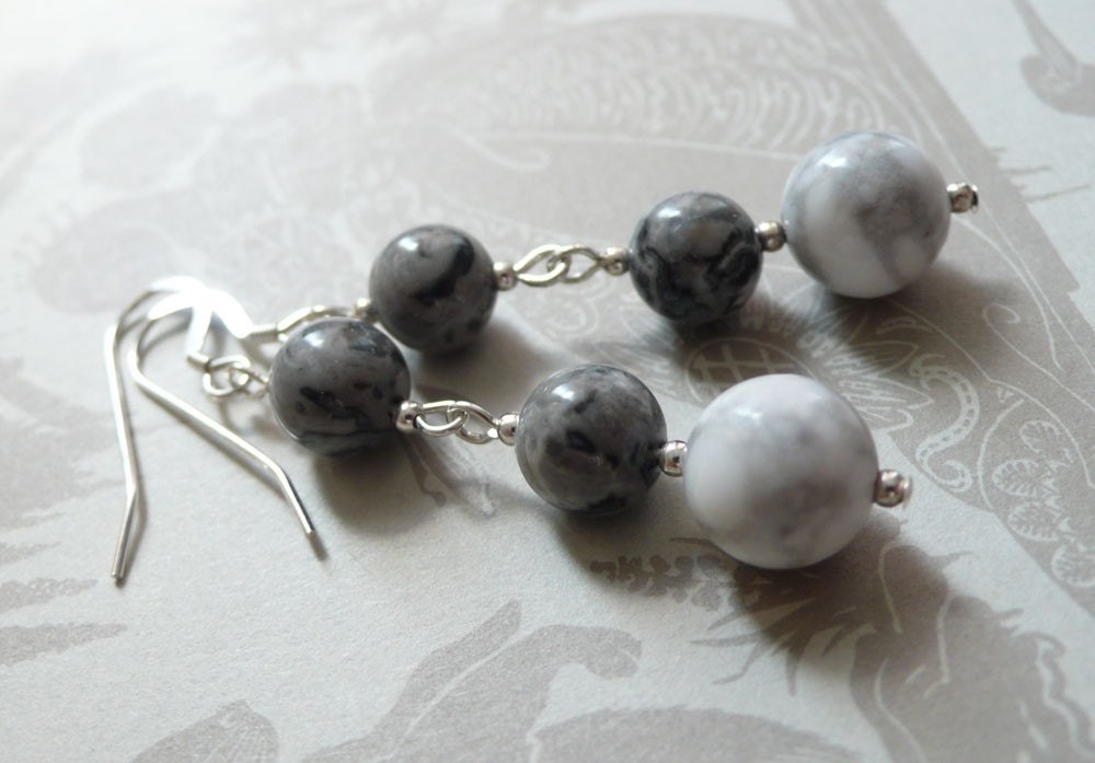 White Howlite and Grey Zebra Jasper Earrings Hand Wrapped on Sterling SIlver