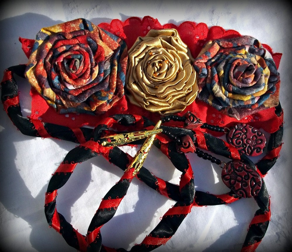 Handfasting Cord Gold Red Black Big Fabric Roses for Pagan Wiccan Gypsy Wedding