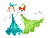 CRAZY LADIES - Printed Card -2 Redhead Fashionistas Friends Sisters Bridesmaids Dancers Twins in Green  Blue Swirly Dresses