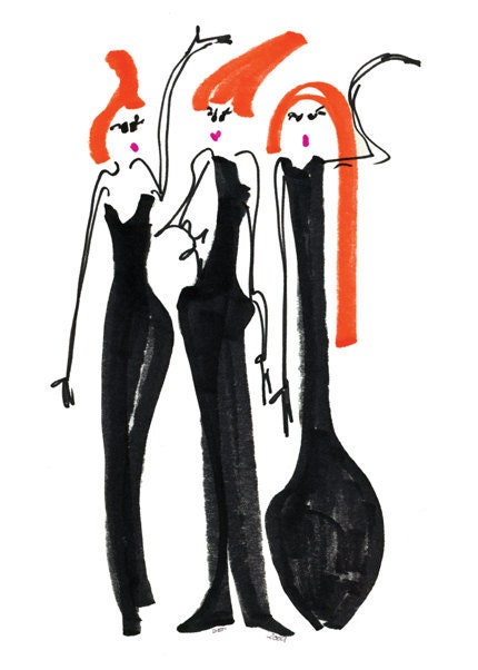 CRAZY LADIES -Poster (Printed) 18" (high) x 12" (wide) 3 Redhead Halloween Divas/ Fashionistas Friends Sisters in Long Black Dresses