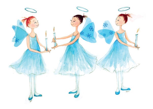 THE NUTCRACKER - Angels - Printed Card - Three Sweet  Ballerina Angels in Blue & White with Blue Halos Fluttering Wings Holding Candles