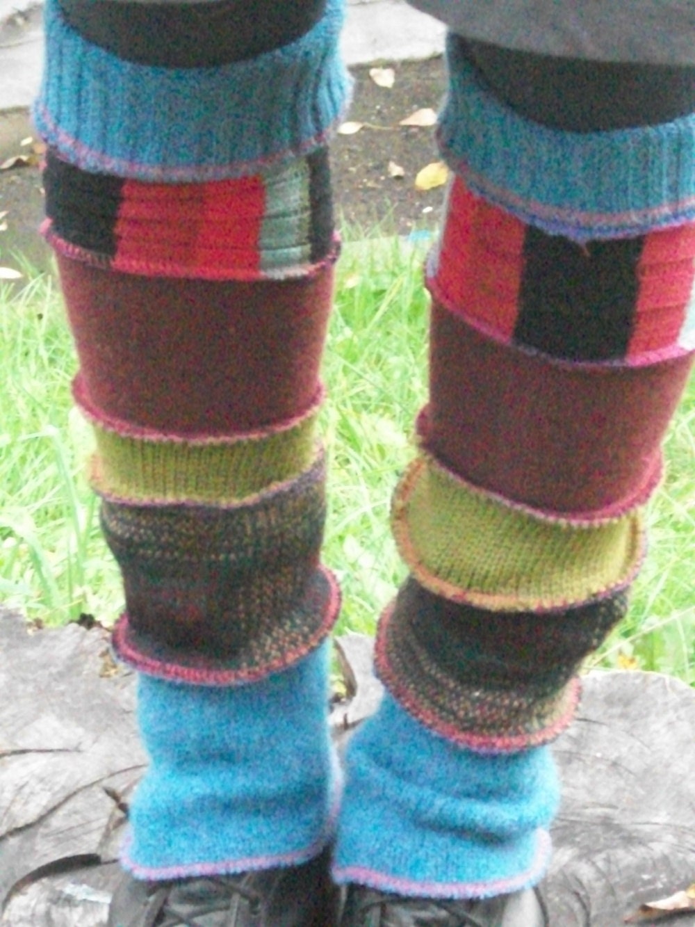 Harry and the Hippie Chic Upcycled Recycled Reconstructed Ooak Blue Multi Patchwork Leg Warmers