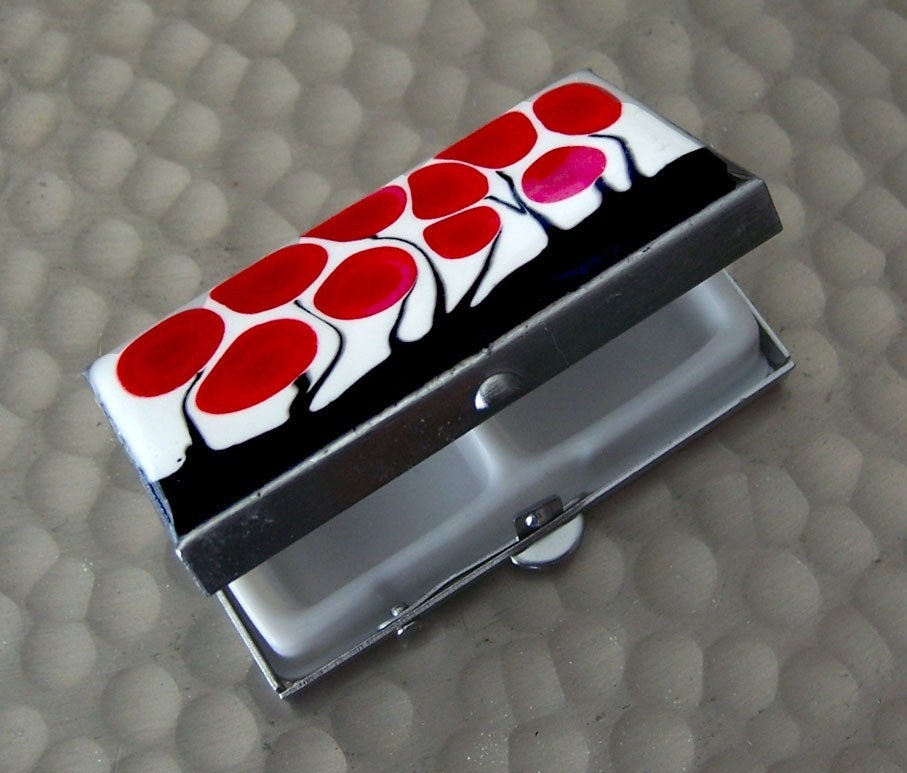 Metal Pill Box Hand Painted Rectangle Pillbox in Red White and Black Metal Box Blossom Inspired with a Glossy Enamel Finish