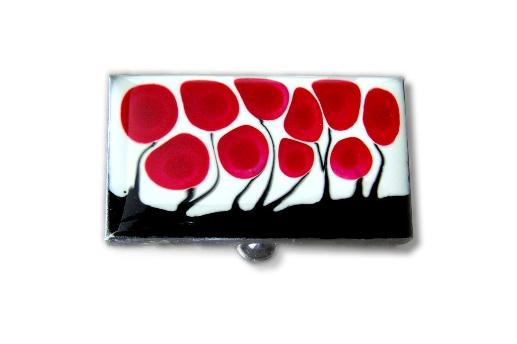 Metal Pill Box Hand Painted Rectangle Pillbox in Red White and Black Metal Box Blossom Inspired with a Glossy Enamel Finish