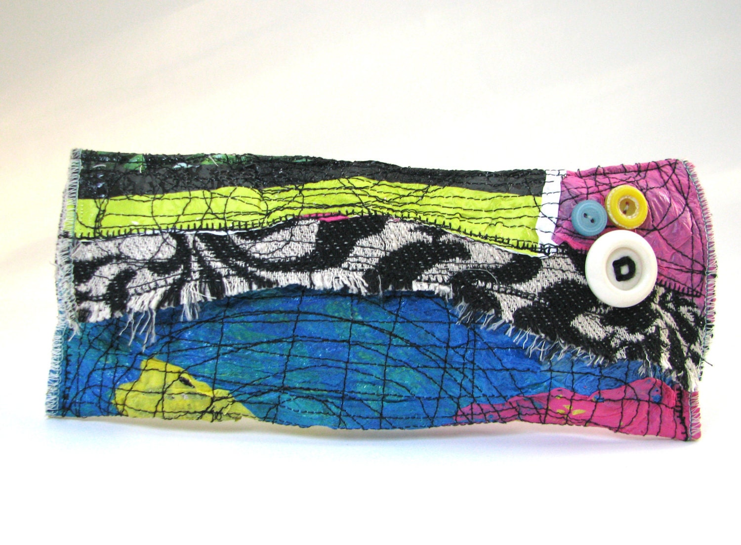 Skinny Upcycled Clutch Bag One of a Kind Sassy Lime Green Pink and Aqua Blue Featured in Haute Handbags magazine, Spring 2013 issue.