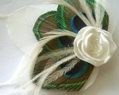 Peacock feather and Petite Ivory Rose Ostrich Hair Fascinator Clip with Ivory Skeleton Leaves Perfect for a Fall Bride