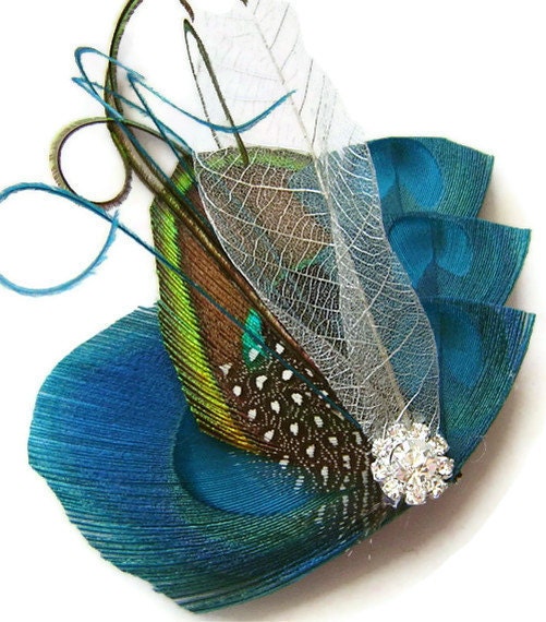 Peacock Hair Fascinator PEWTER & TEAL Perfect for a Fall or Winter Bride or Bridesmaids with Rhinestone and Silver Skeleton Leaf