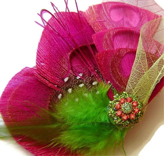 Bridal Peacock Feather WATERMELON Pink and Green Bridal Hair Fascinator Clip with Vintage Rhinestone Jewel OOAK and Skeleton Leaf
