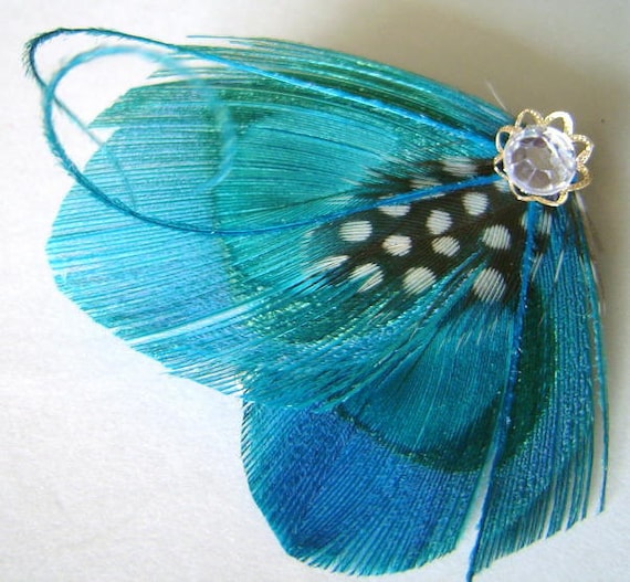 LYNN in Turquoise Blue Peacock and Guinea Feather Rhinestone Hair Wedding Fascinator Clip Bobby Pin Ready to Ship