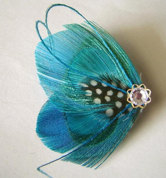 LYNN in Turquoise Blue Peacock and Guinea Feather Rhinestone Hair Wedding Fascinator Clip Bobby Pin Ready to Ship
