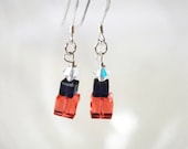 Crystal Cube Earrings, Deep Peach and Purple Cube and Iridescent Bicone Stacked Swarovski Crystals, Sterling Silver