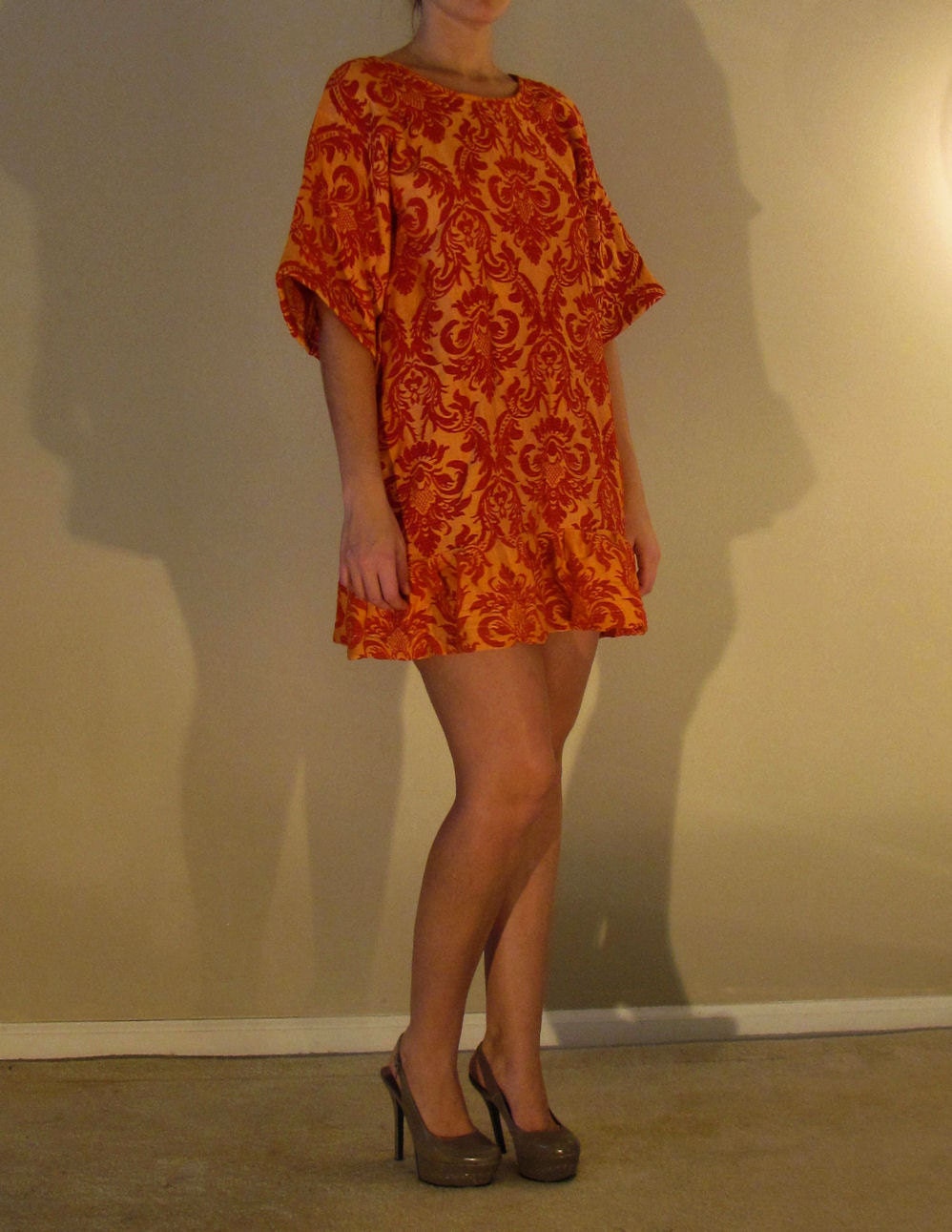 RESERVED for annie, Orange and Red Damask Shift Dress, Hand dyed, Ruffle Hem,