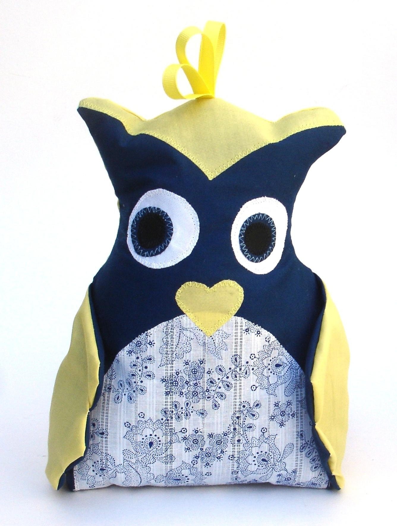 Handmade Stuffed Owl, Navy Blue and Yellow Owl Pal with Floral Paisley Belly - Stuffed Animal