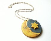 Wooden MOON necklace - Decoupaged wooden pendant on shiny silver chain