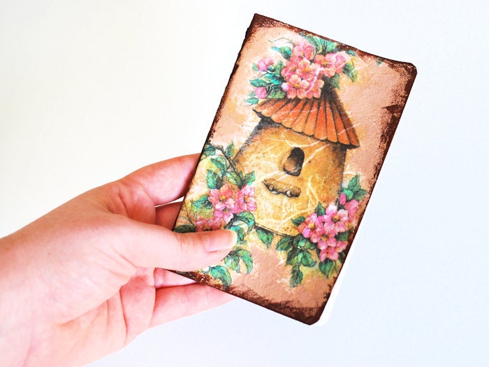 Decoupaged Pocket Moleskine - OOAK Journal with bird house paper decoupage