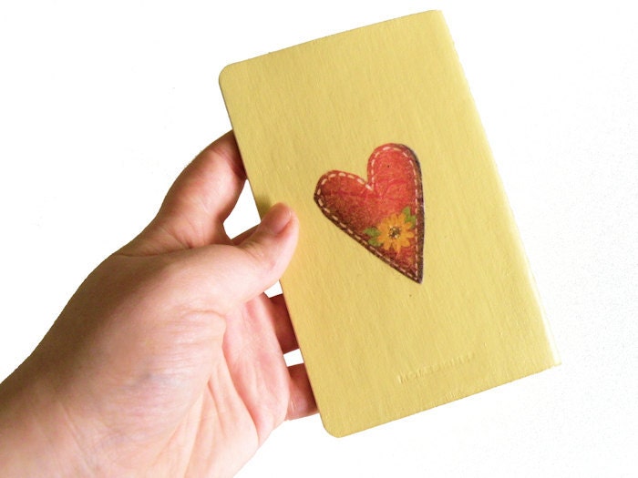 Decoupaged Pocket Moleskine - OOAK Journal with heart decoupage and country painting - OOAK
