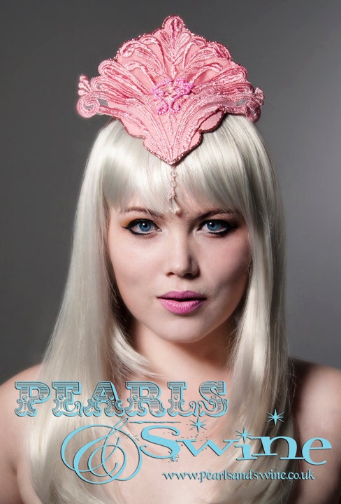 Pink Lace Headdress High Fashion Millinery Unique Fascinator Avant Garde Hat Headpiece Wedding Bride Bridal by Pearls & Swine