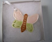 Cherry Blossom Pink and Spring Green Butterfly Ornament - Handpainted Porcelain