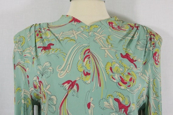 1940's Dress - Rayon and Crepe Novelty Print Dog and Bird Hunting Scene
