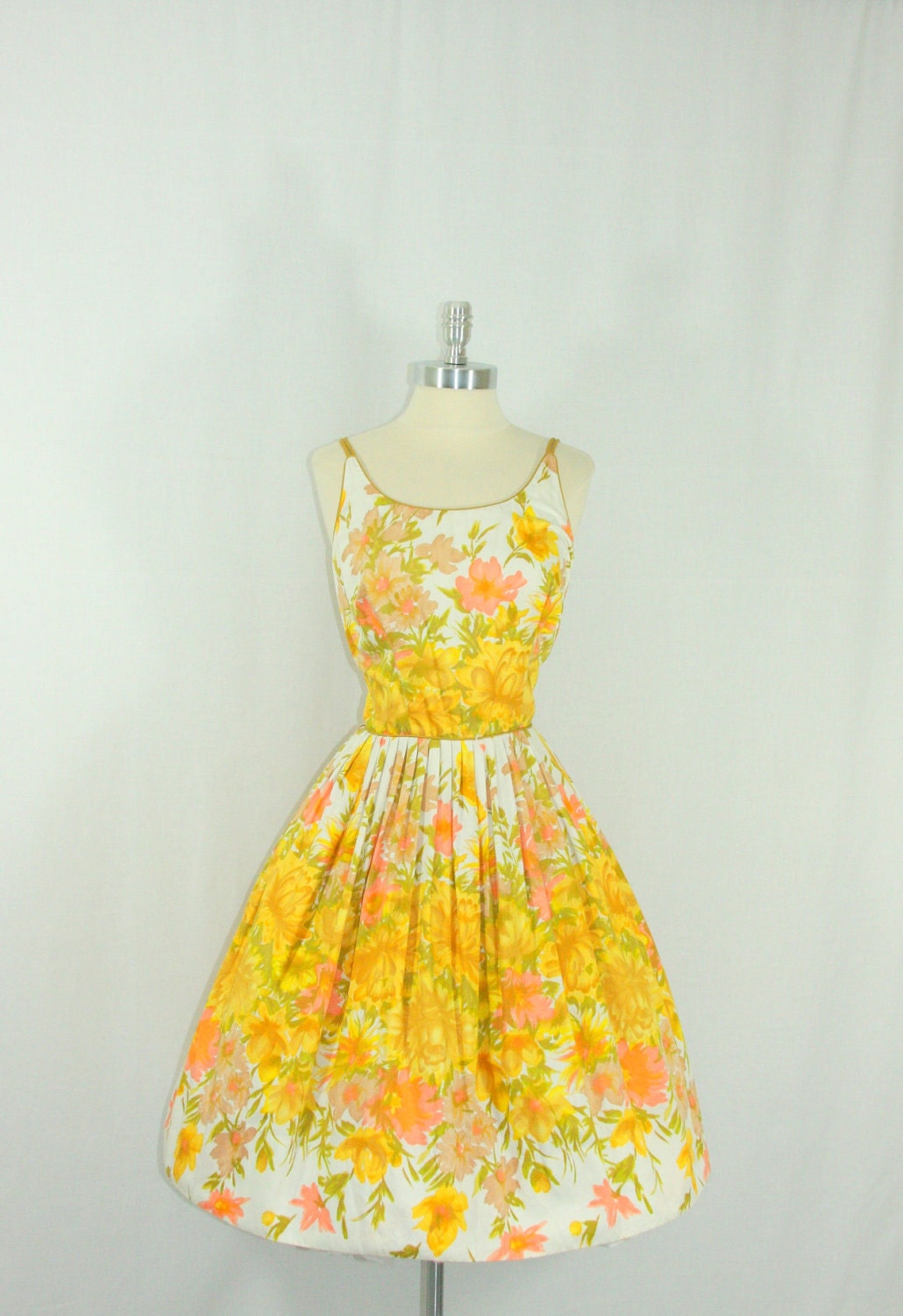RESERVED for Christine.......... Cotton Summer Dress - 1950's Vintage Cotton Garden Explosion Novelty Print Full Skirt Spring Party Frock