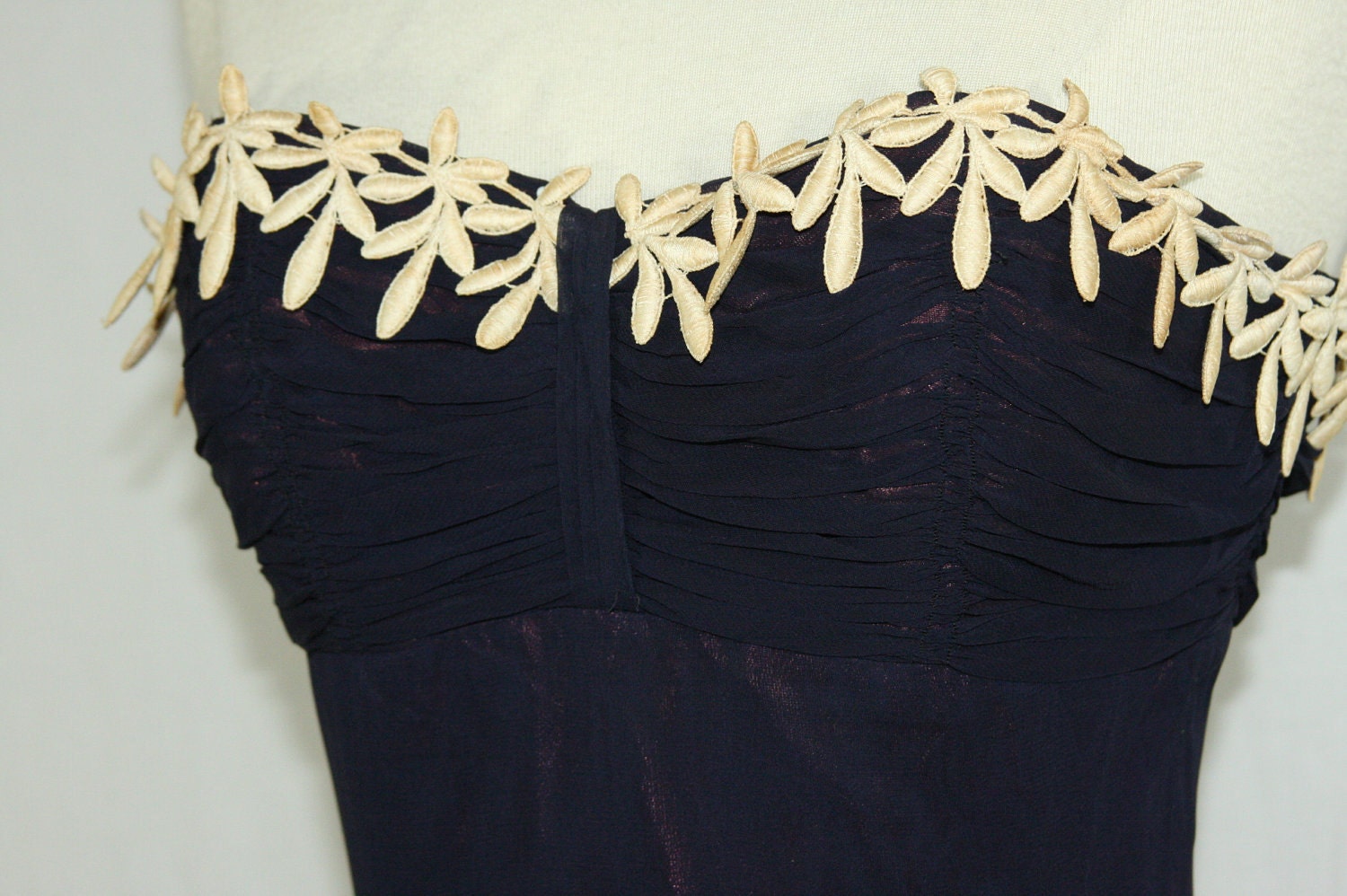 1950s Party Dress - Wonderful Vintage Navy Blue Silk Chiffon Strapless Circle Skirt Cocktail Wedding Party Frock