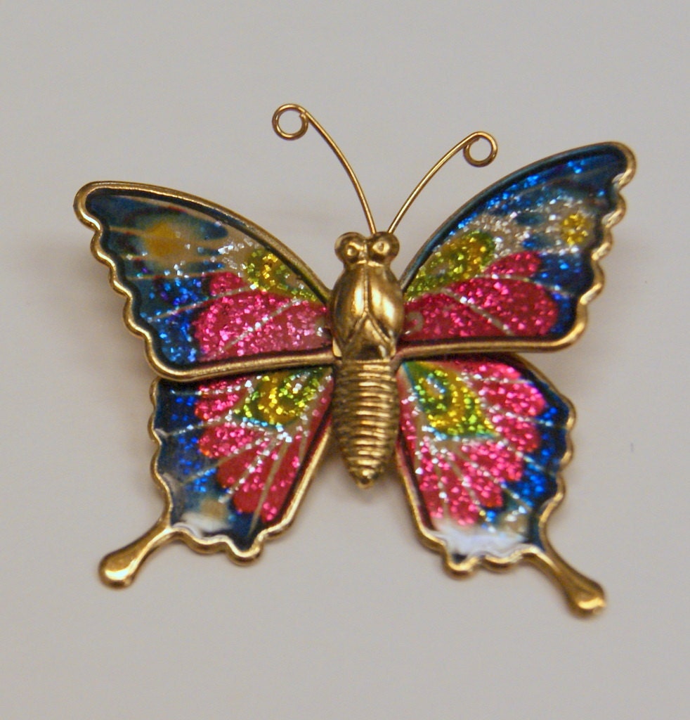 Vintage Boho Chic 70s Glitter Butterfly Brooch