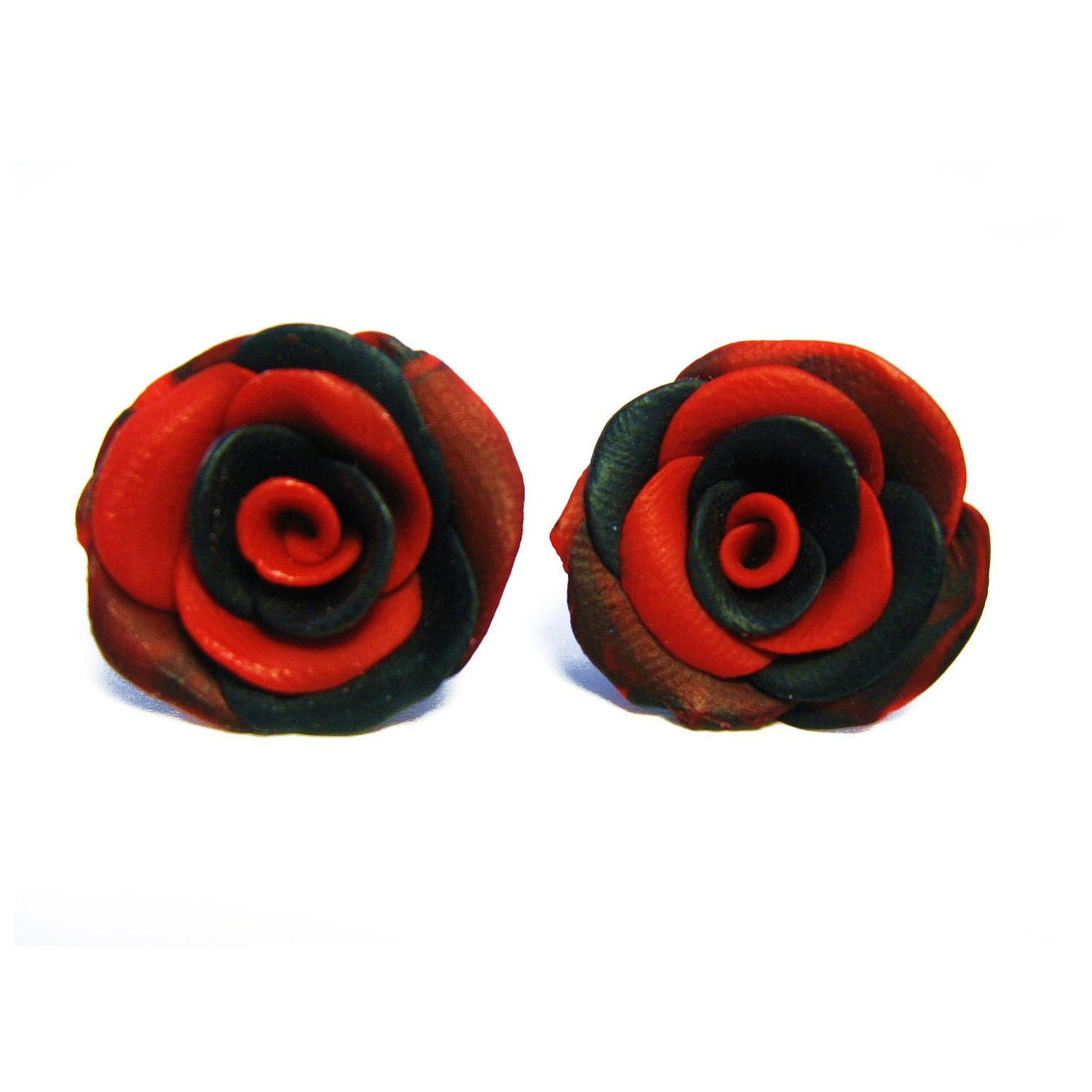 Handmade Polymer Clay Black & Red Rose Earrings for Sensitive Ears