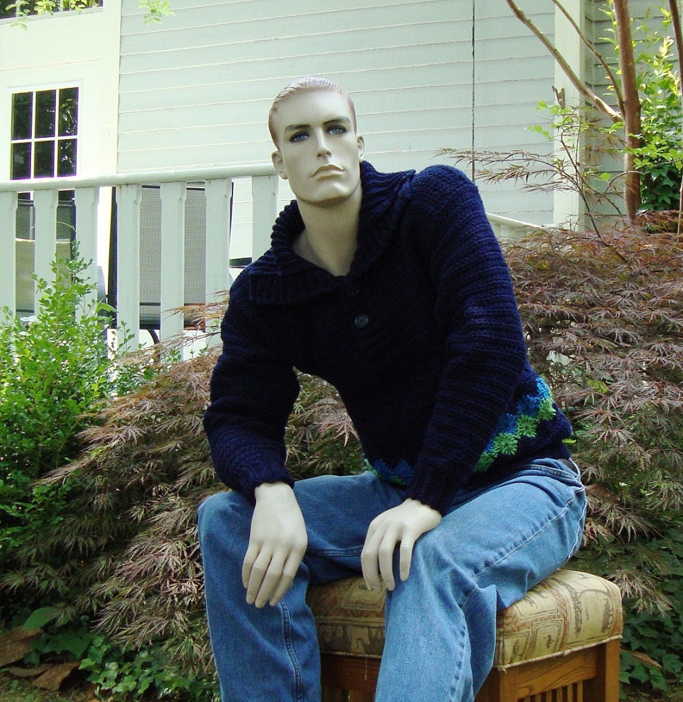 Men's Cotton Sweater - Navy Blue Pullover, L