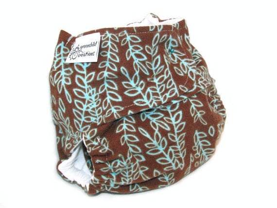 Fitted Cloth Diaper, OS, Flannel - Brown with aqua leaves