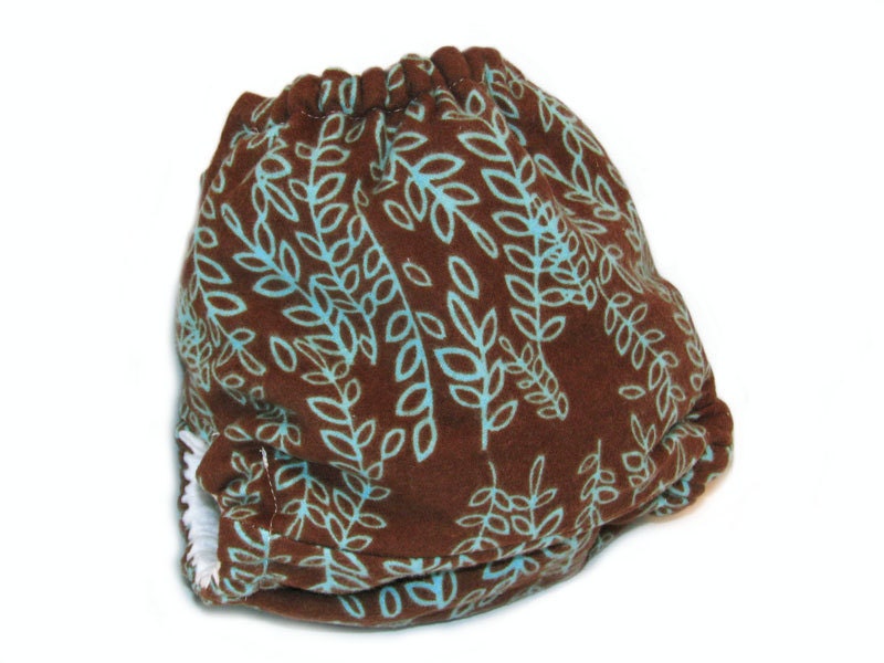 Fitted Cloth Diaper, OS, Flannel - Brown with aqua leaves