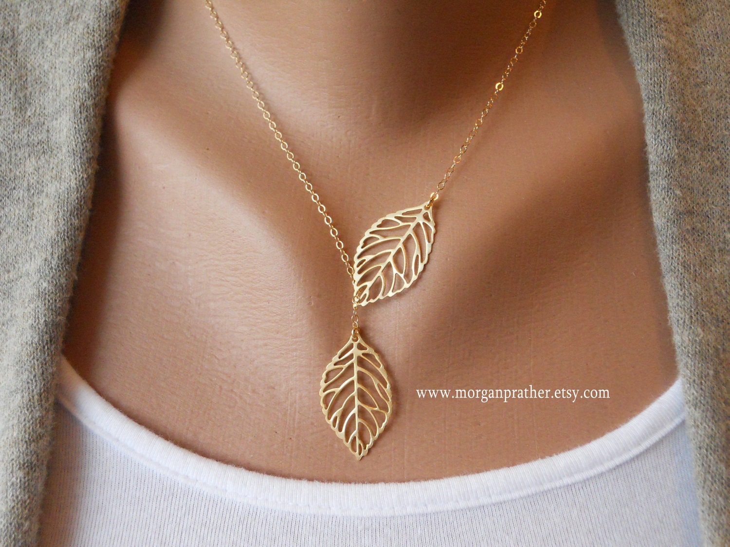 Leaf Lariat in Gold - gold dainty leaf pendants - gold filled fine chain - morganprather