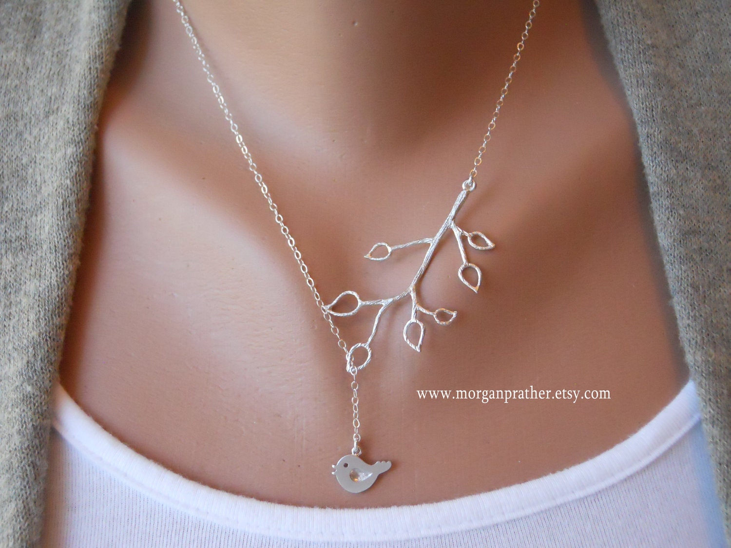 Bud Branch and Little Bird Lariat - silver grey white dainty pendants - sterling silver chain - morganprather