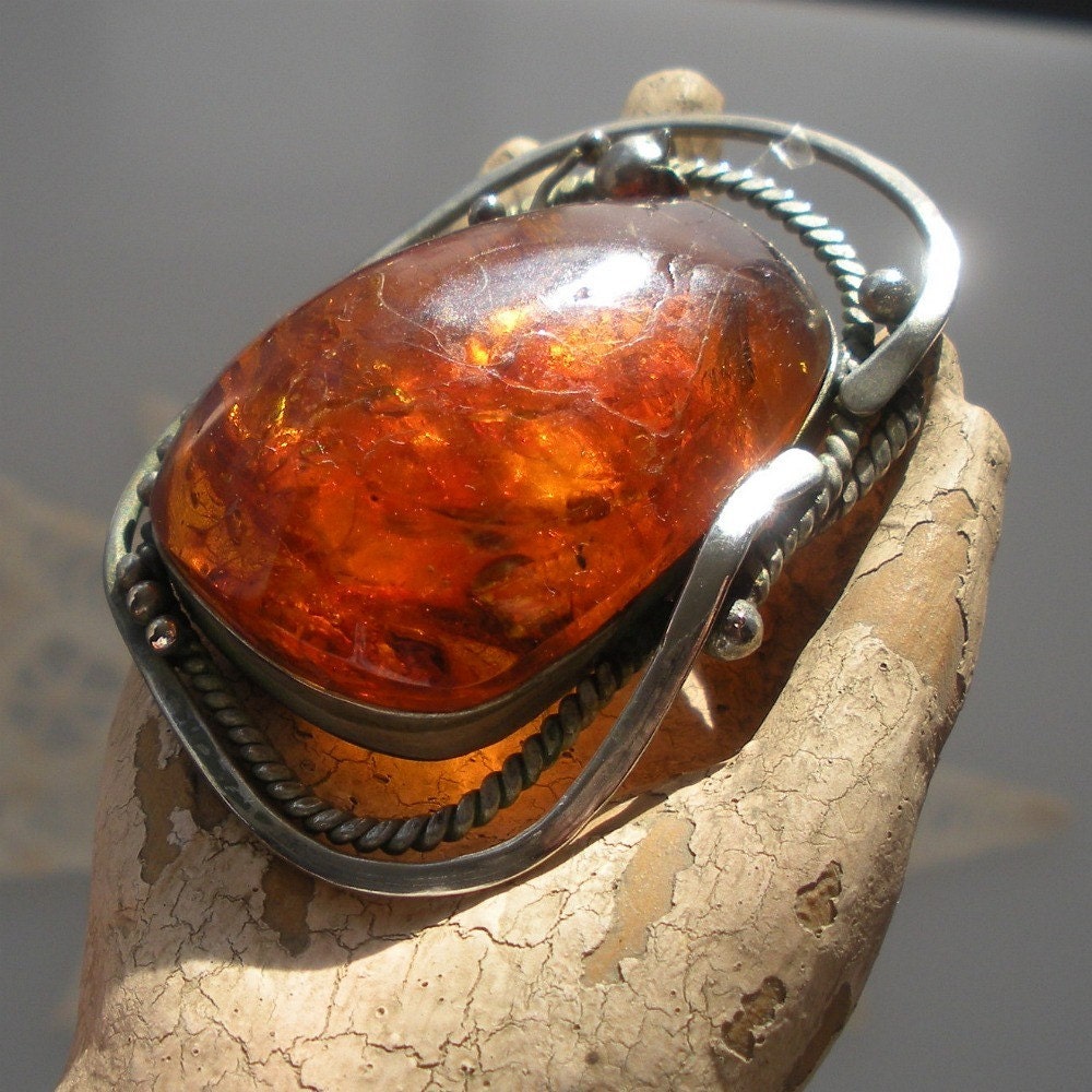 Gorgeous Old Large Amber Brooch with Lily of the Valley