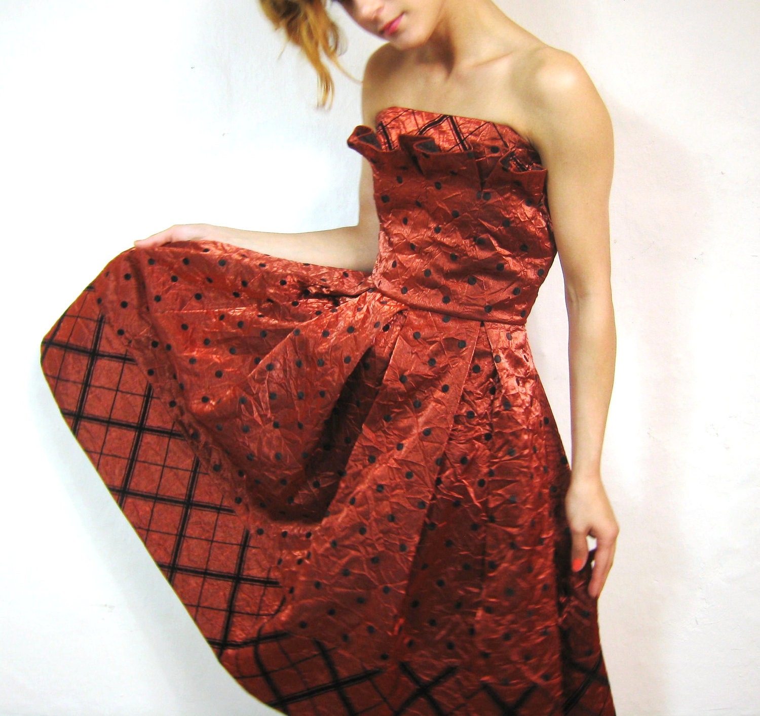 1980s Polka Dot Ruffle Party Prom Dress (XS)