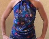 Upcycled Tank Top -- Vintage Dark Blue Floral Recycled Retro Scarf Tank Top Size X-small