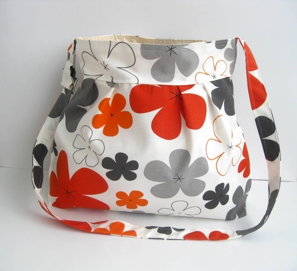 Sale-Grey And Orange Flowers-Messenger Bag-Adjustable Strap-Large