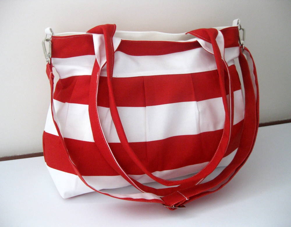 Sale % 10 off-Red and White-Pleated Bag-Large-Double Straps and Adjustable to Straps-6 Large Pockets-Zipper Clouse