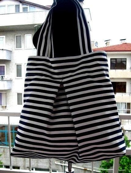 Tote bag-Black and White Stripe-Double Straps-Large