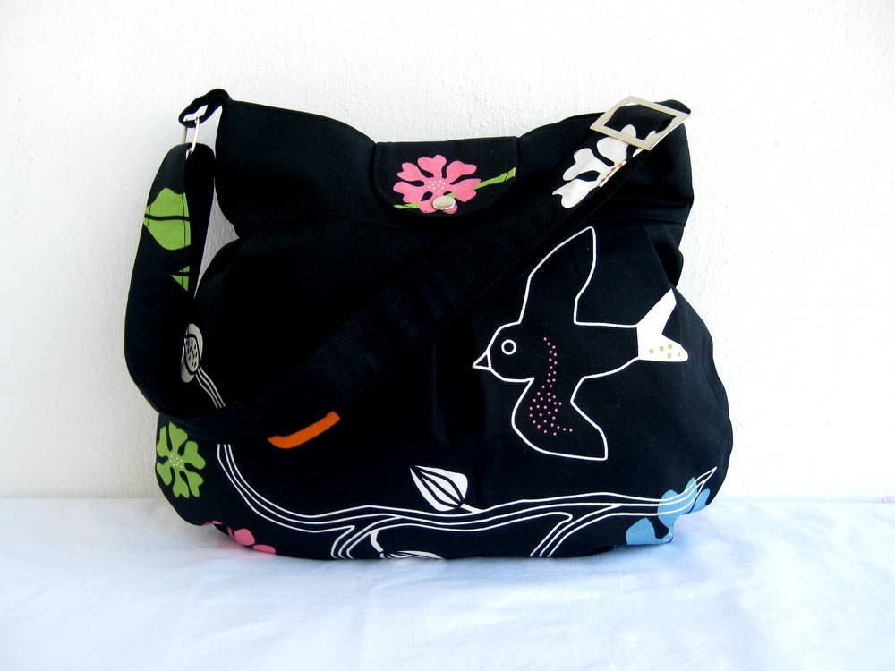 Black Birds-Zipper Closure and Fastener Snap Closure-Pleated Bag-Adjustable to Straps