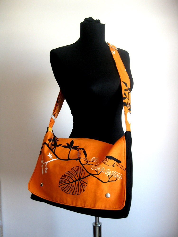 Messenger Bag-Orange and Black-Large-Birds-7 Large Pockets