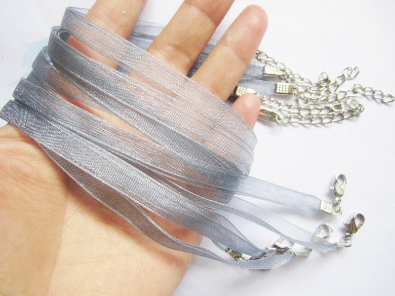 Gray new handmade 15pcs 16-18 inch adjustable 7mm width 2 voile organza ribbon necklace cords with lobster clasps