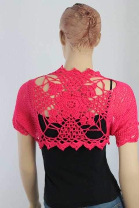Crocheted  Knitted Hot Pink Cotton  Shrug  / Size M - L / Fall  Summer Fashion
