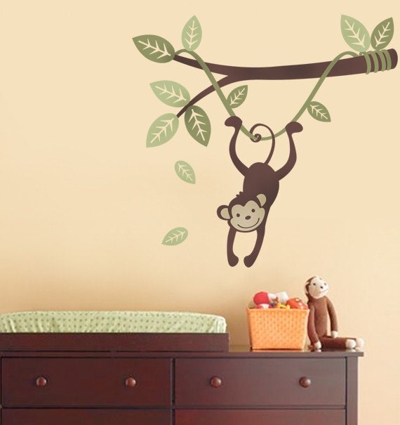 Monkey Hanging on a Branch Vine - Kids Vinyl Wall Sticker Decal Set