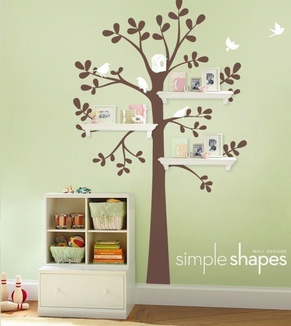 Wall Decals Baby Nursery Decor: Shelving Tree Decal with Birds - Original Wall Decal