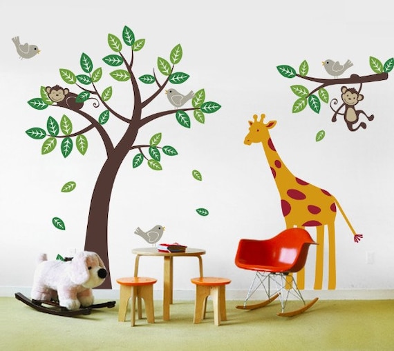 Children wall decals - Monkey Giraffe and Birds Tree and Branch Set