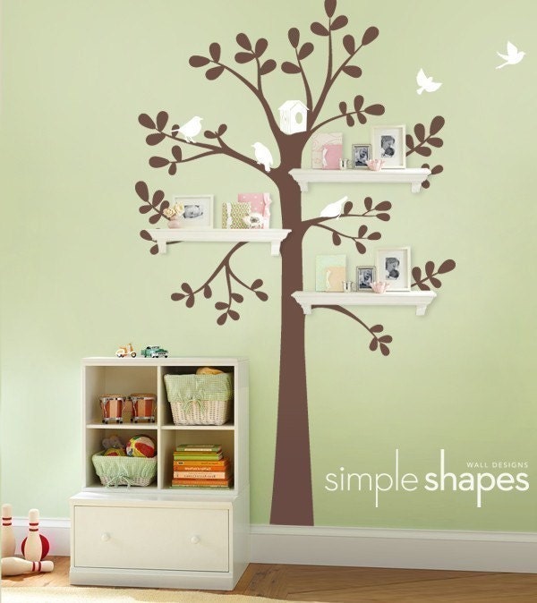 Wall Decals Baby Nursery Decor: Shelving Tree Decal with Birds - Original Wall Decal