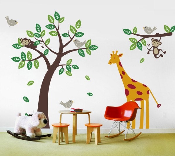 Children wall decals - Monkey Giraffe and Birds Tree and Branch Set