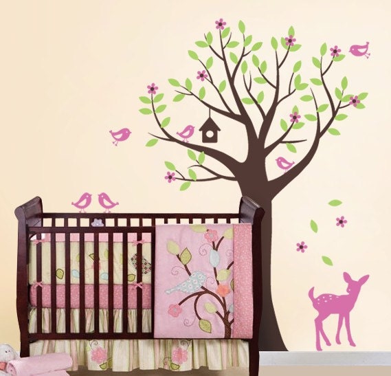 Tree with Birds and Fawn Decal Set - Kid's Nursery Room Wall Decal