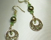 Green and Gold Crystal and Pearl Medallion Earrings